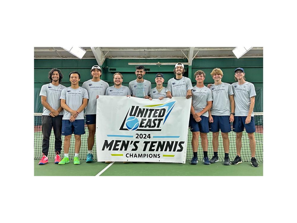 Harrisburg men's tennis team holds a banner that says United East 2024 Men's Tennis Champions