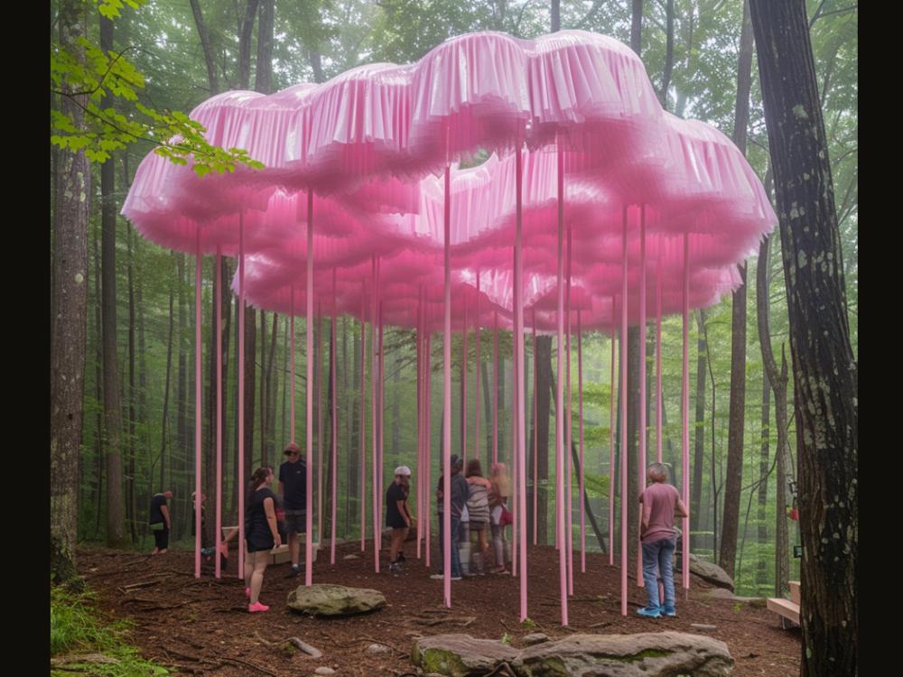A rendering of a pink pavilion design with people standing beneath it in a forest. 