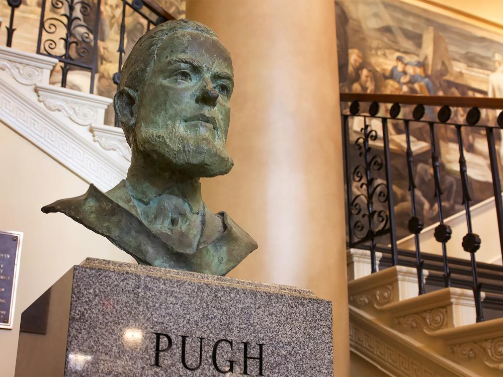 A bust of Penn State's first president Evan Pugh located in the main lobby of Old Main.