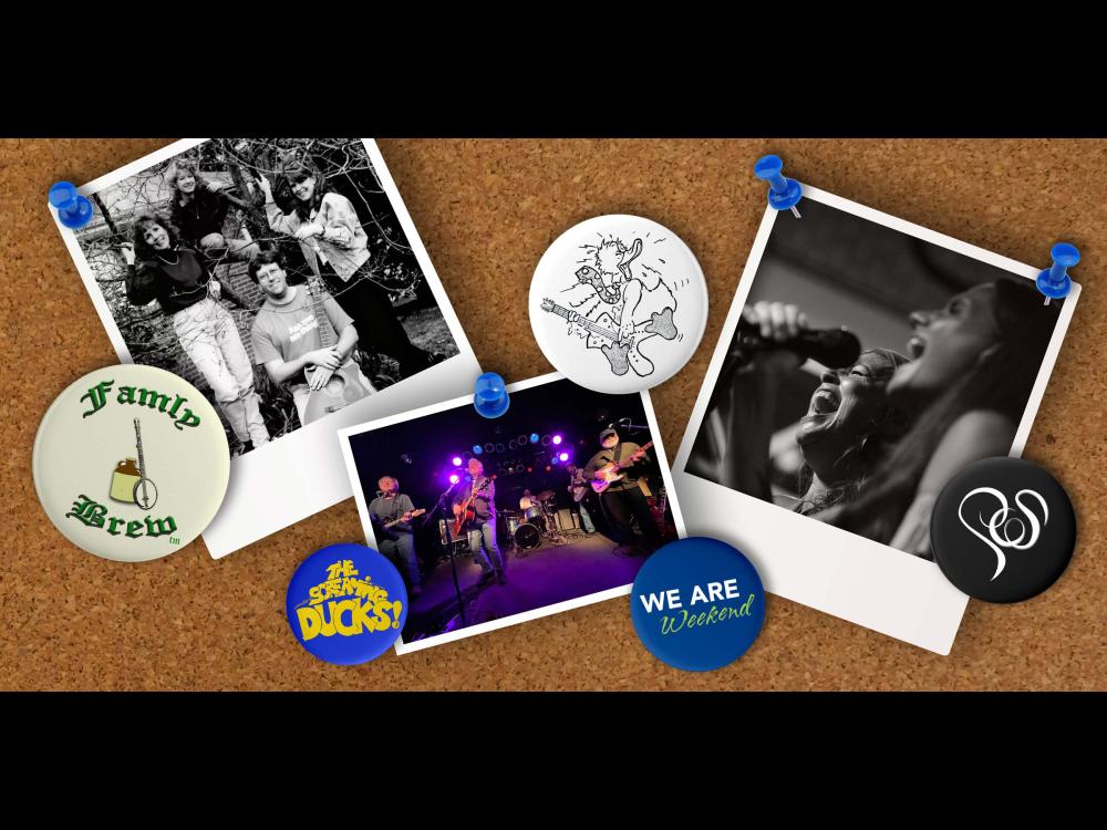 A collage shows archival images of local bands The Screaming Ducks, Pure Cane Sugar and Famly Brew.