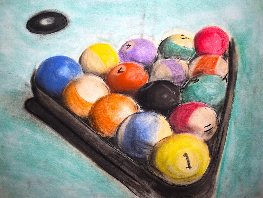 A painting of billiard balls in a rack.