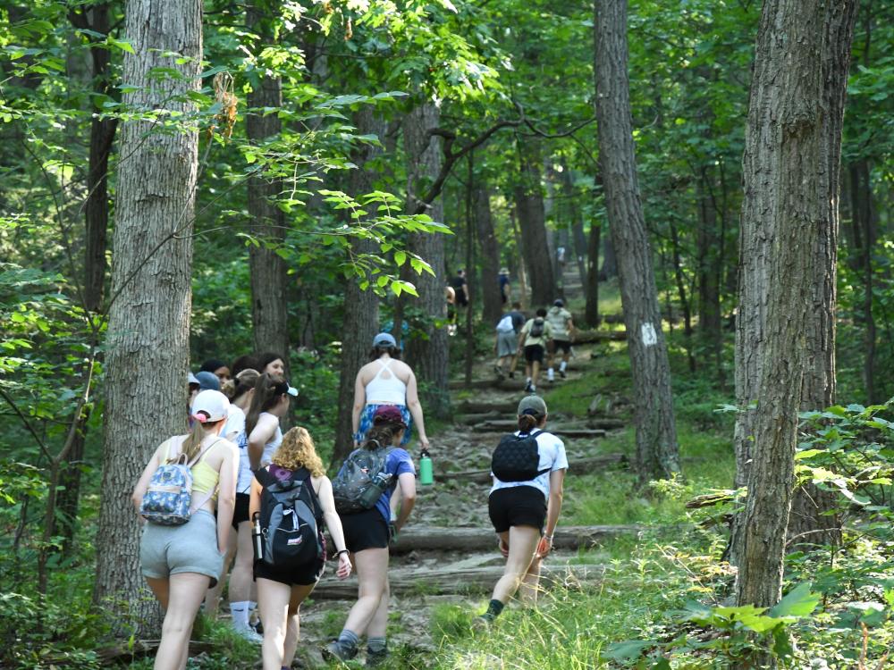 Group of students hiking up Mt. Nittany