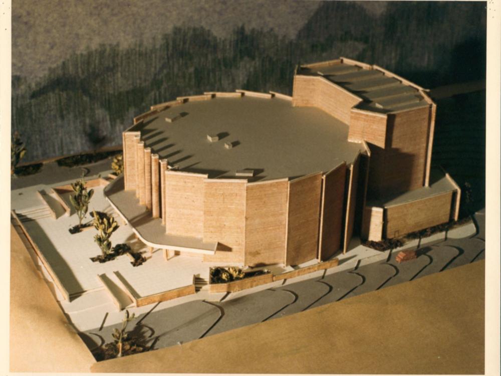 A 3-D miniature model depicts the design intended for a performing-arts venue.