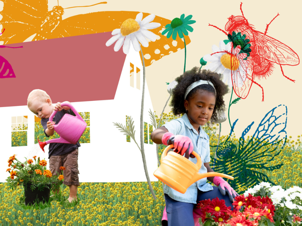 Two young children watering plants