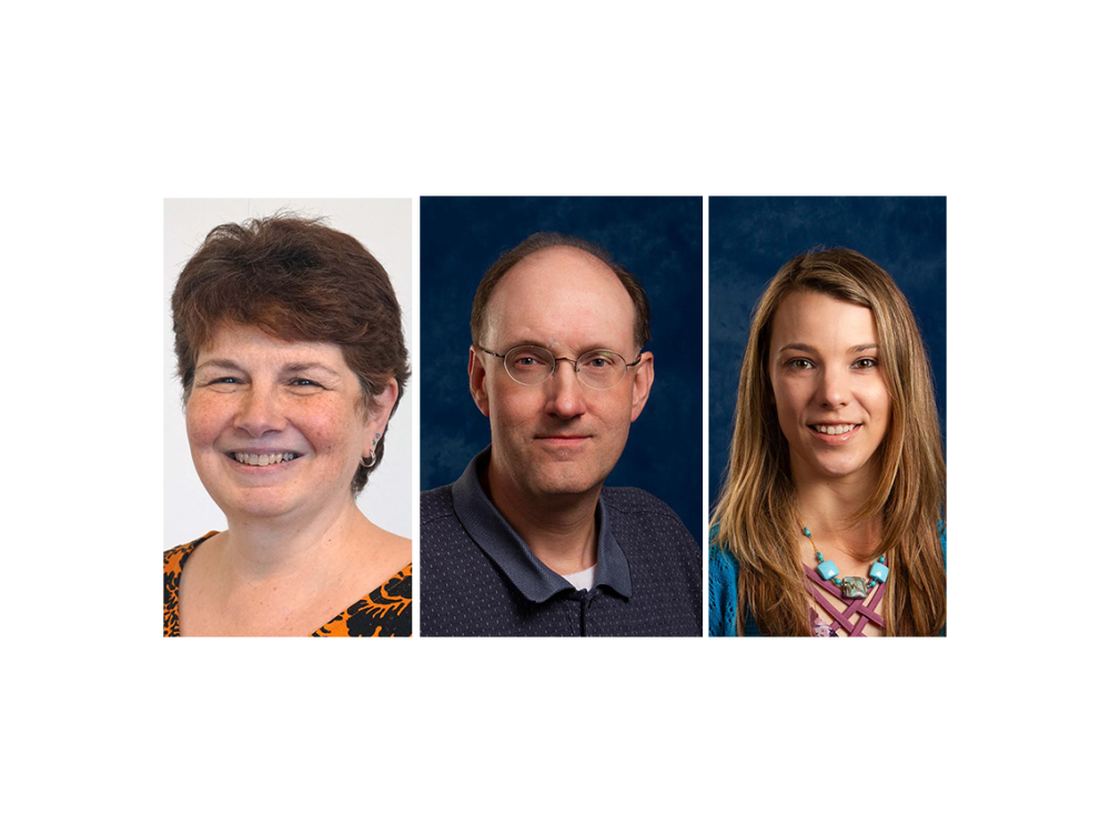 Three headshots of faculty members; the first is a brown haired woman in orange floral shirt; the second is a man in a blue polo shirt and glasses and the third is a long, blond haired woman wearing a blue sweater and blue necklace