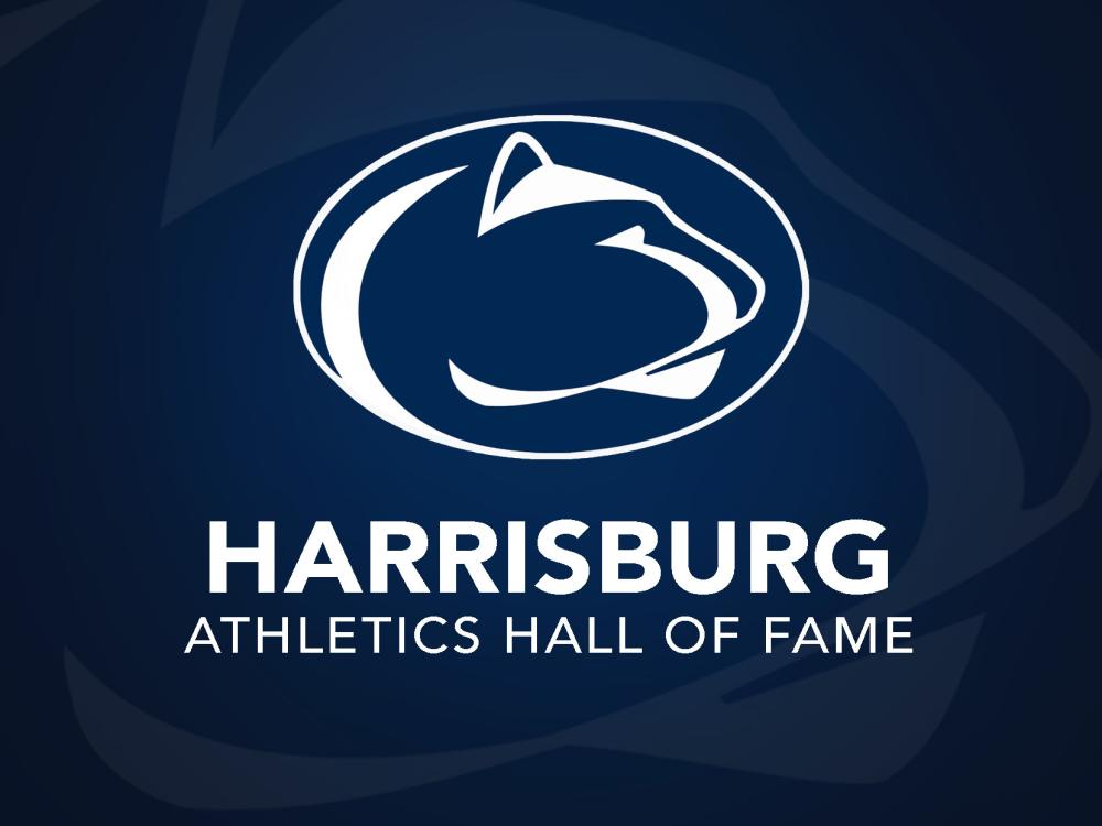Penn State Athletics logo on blue background with words "Harrisburg Athletics Hall of Fame"