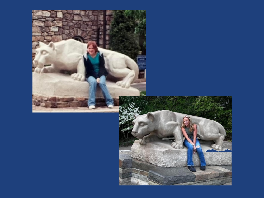 Two photos of a woman sitting in front of a Nittany Lion sculpture. One is of her as a teenager and the other as an adult. 