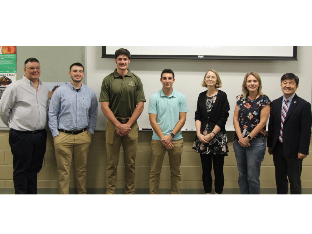 Penn State DuBois students, faculty, staff and guests gather for a group photo after internship presentations in the Swift building. From left to right; John Kness, Ethan Kness, Grant Grimaldi, Carter Lindemuth, Lorna Hardin, Leanne Nedza and Jungwoo Ryoo.