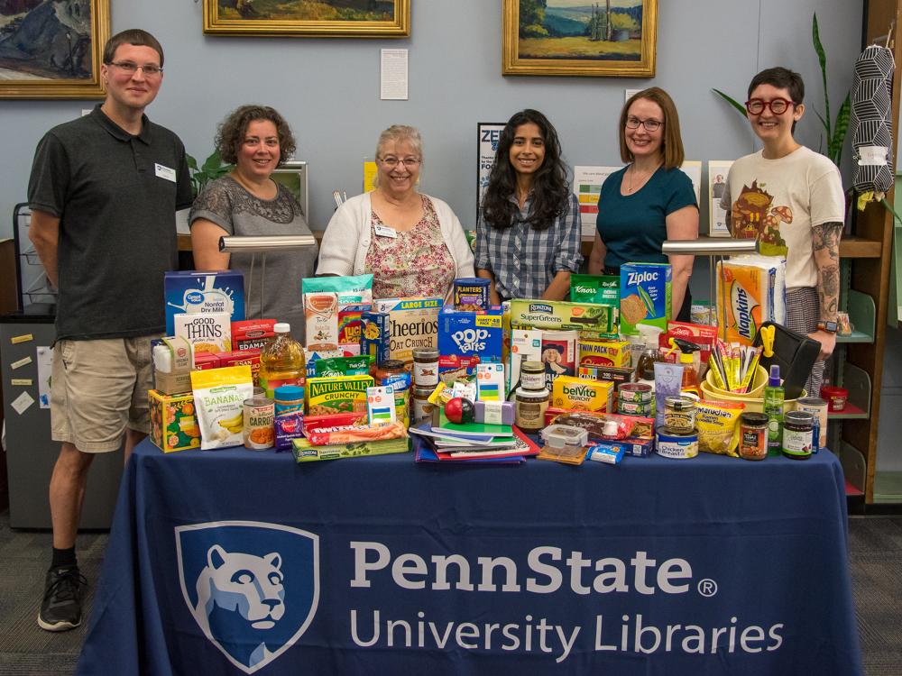 Hundreds of items donated to the Fletcher L. Byrom Earth and Mineral Sciences (EMS) Library Food Pantry. 