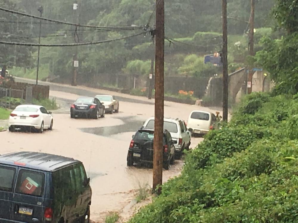 Flooding across roadway, cars parked in the water