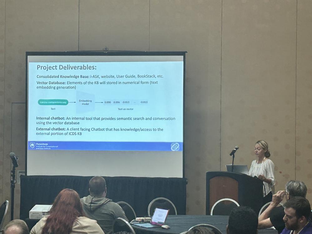 Lindsay Wells stands at a podium on the right presenting her slides from her research which is projected on a screen on the left.