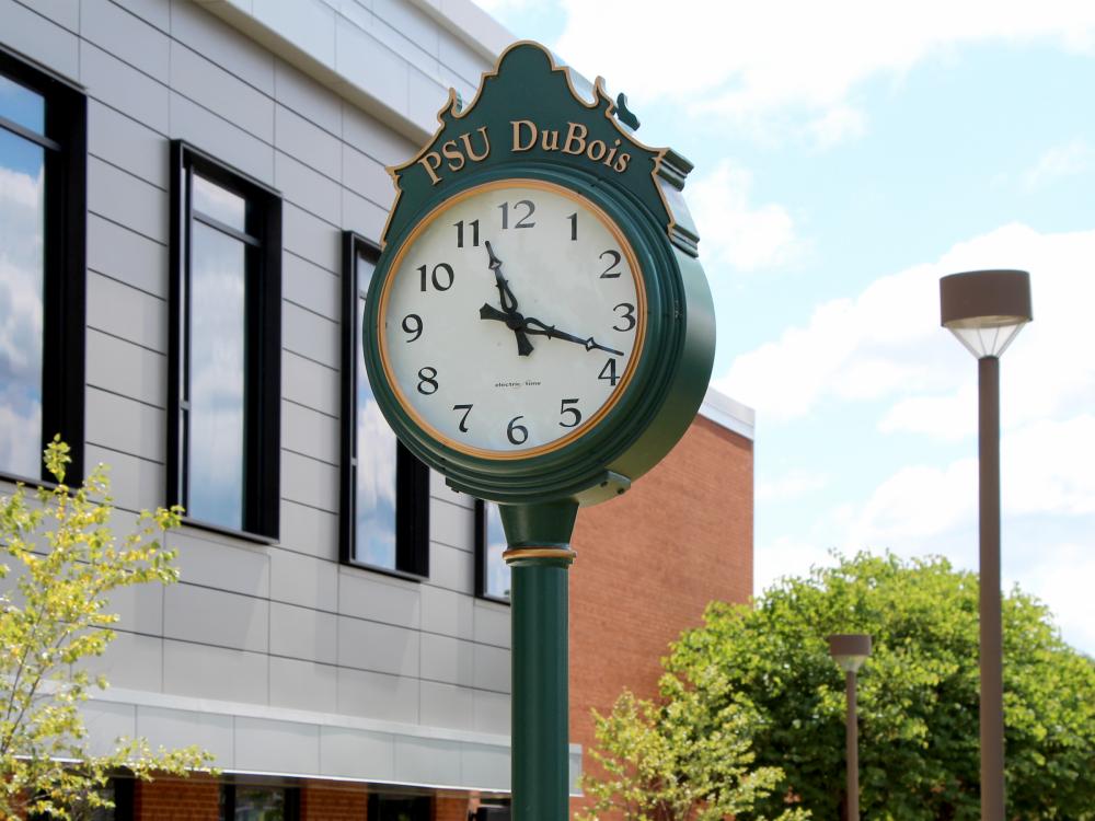 The newly install clock outside of the PAW Center, on the campus of Penn State DuBois. The clock is a gift from students to the campus.