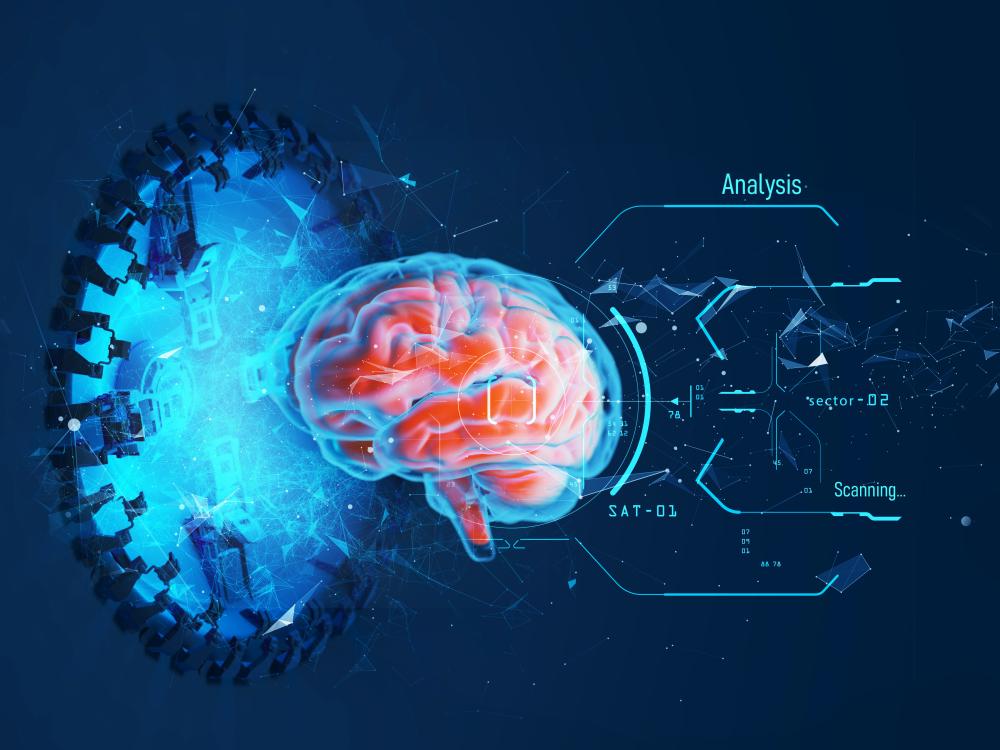 A graphic of a brain atop a navy blue background and analysis graph on the right.