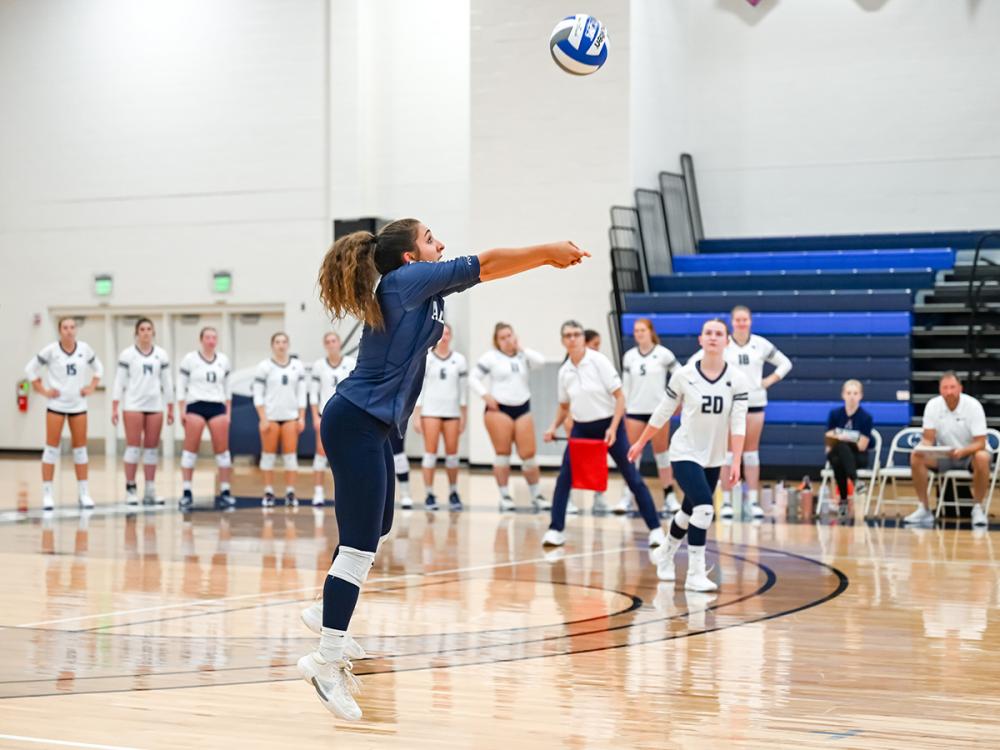 Penn State Altoona volleyball player Anna Batrus hits the ball in a match