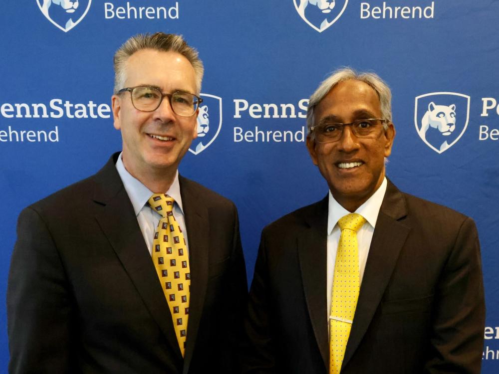 Penn State Behrend Chancellor Ralph Ford poses with GITAM Pro Vice Chancellor KNS Acharya.