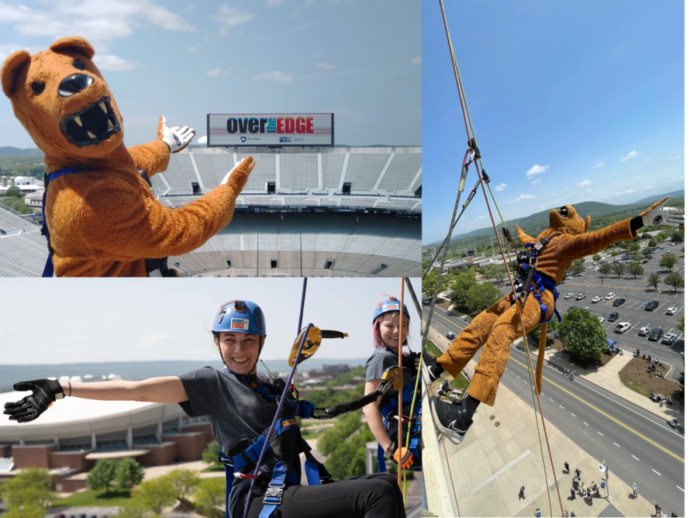 images of two women and Nittany Lion mascot rappelling down Beaver Stadium