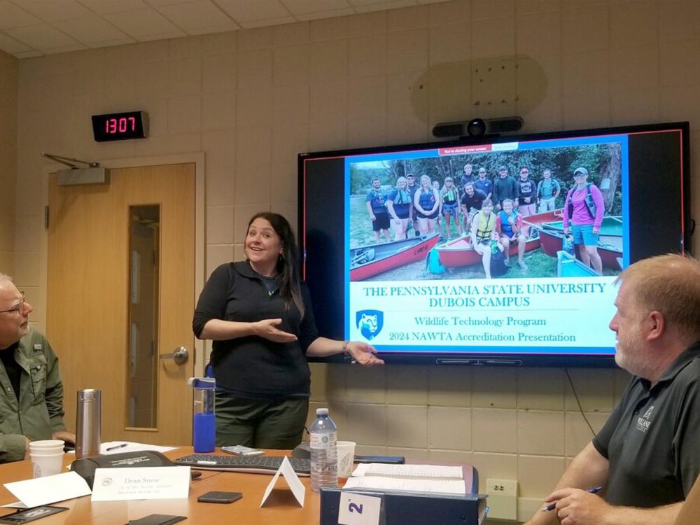 Associate teaching professor Keely Roen makes a presentation on the value of the Penn State DuBois Wildlife Technology Program before the North American Wildlife Technology Association’s accrediting board.