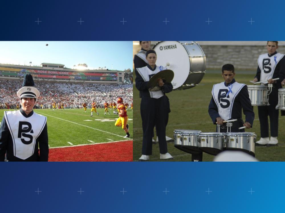 Blue Band member on Rose Bowl field on left; Blue Band drummer on right