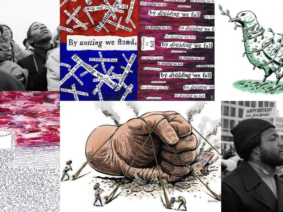 a collage of images from an art gallery about liberty and justice 