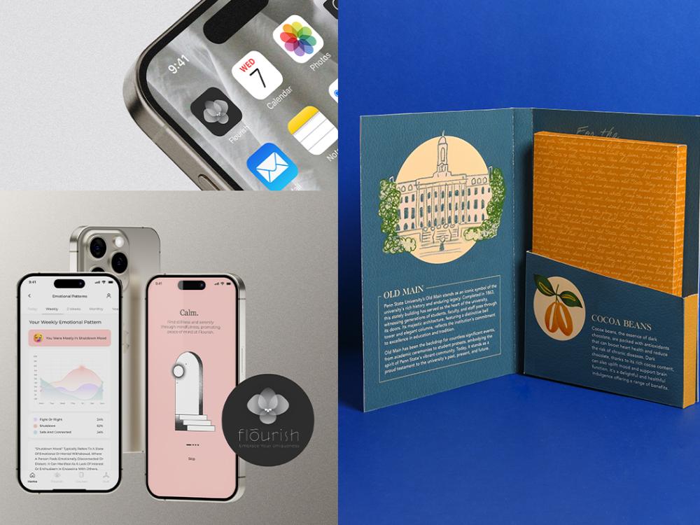 A split screen of a phone application at left and the inside of a branded folder containing a book at right. 