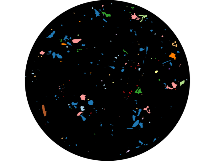 An LDIR image that shows the size, shape, and material characterizations of scanned microplastics that are between 10-990 um (microns).