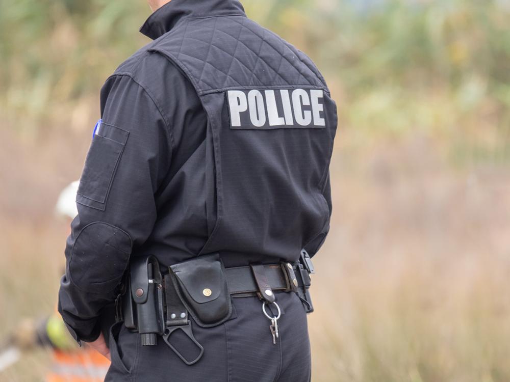 A police officer in uniform facing away from the camera