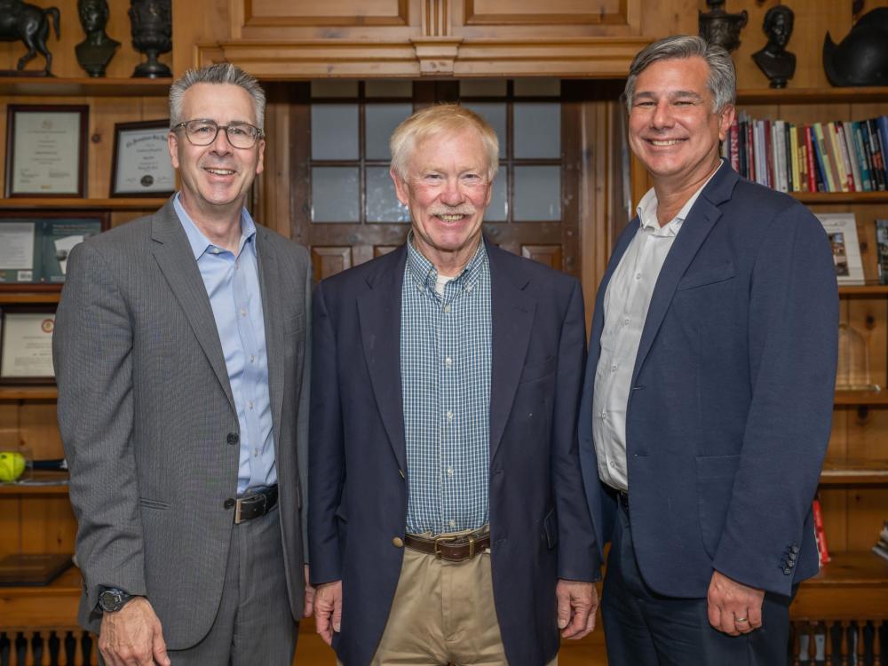 A portrait of Penn State Behrend Chancellor Ralph Ford, college friend Dave Meehl and Tim Kurzweg, the James R. Meehl Director of the School of Engineering.