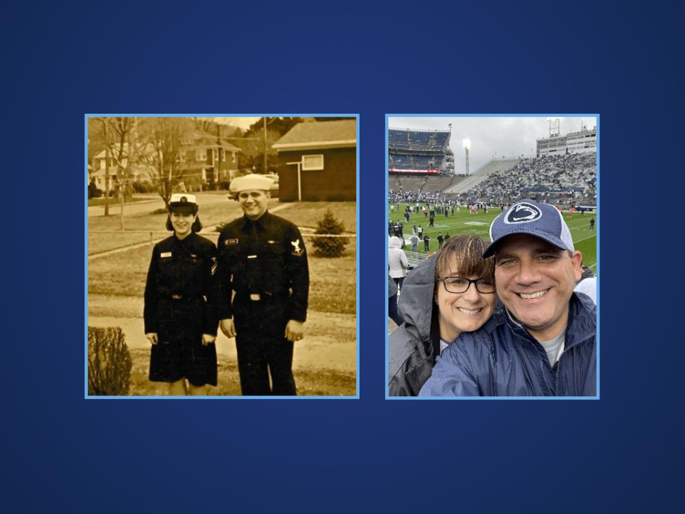 The photograph is a combined image of Mark and Julie Chesney at two different times. In the left side, taken in 1997, they are dressed in their hospital corpsman Navy uniforms standing in front of several military buildings. On the right side they are dressed in Penn State University windbreaker jackets attending a football game. Mark is wearing a Penn State cap. In the background is a large football stadium with a crowd in the seats. 