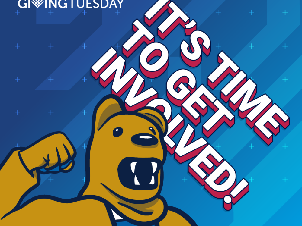 Nittany Lion mascot on blue background with the words Giving Tuesday, it's time to get involved 