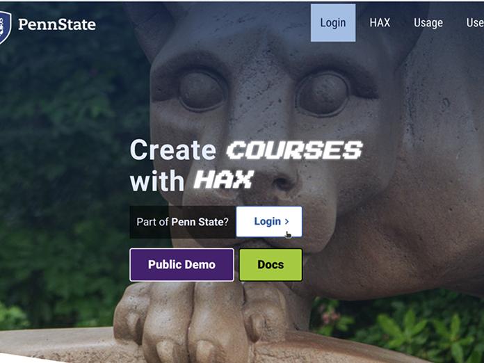 Screen shot of a website landing page with the penn state nittany lion statue as a background