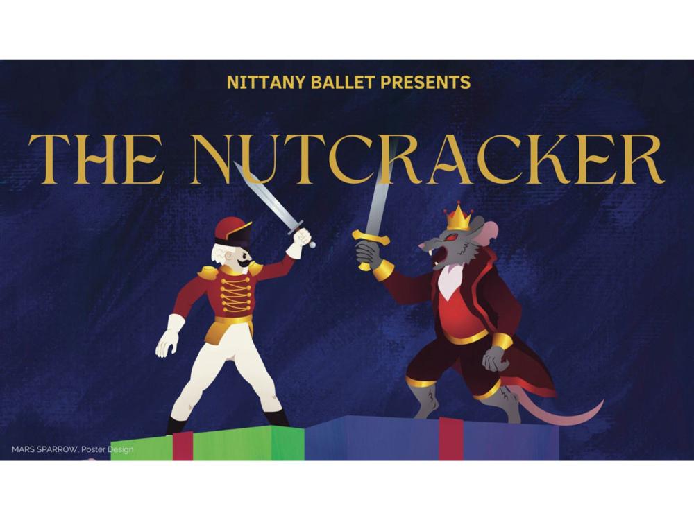 An illustration shows a nutcracker figurine having a sword fight with a rat swearing a crown.