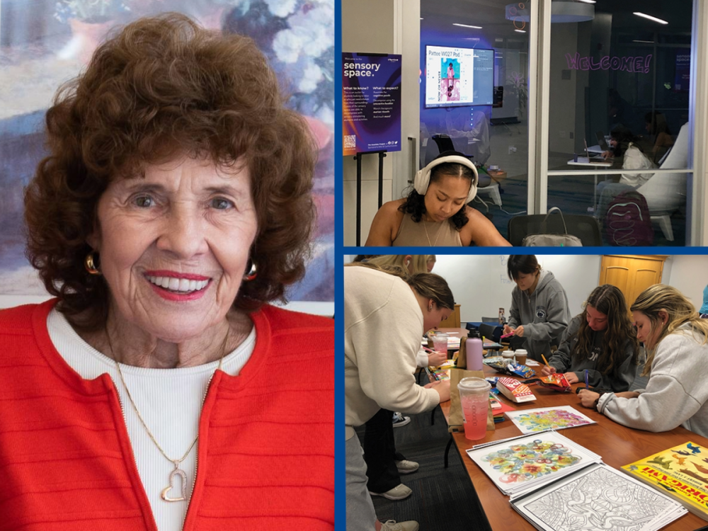 portrait of smiling woman plus two images of college students studying or relaxing while making art