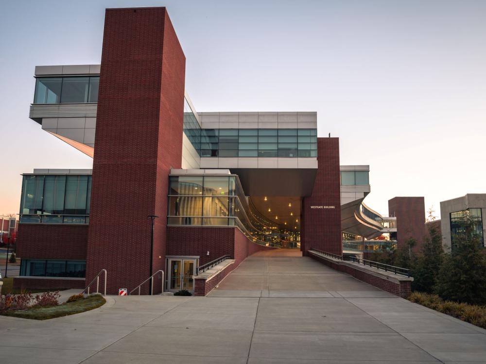 campus building at dusk in autumn