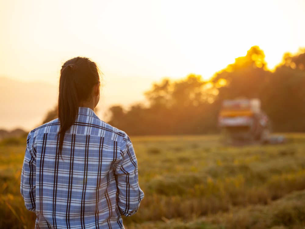 Person facing equipment in a field