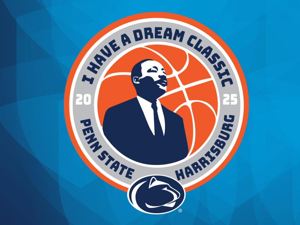 graphic features PSU athletics logo, image of MLK Jr. and basketball