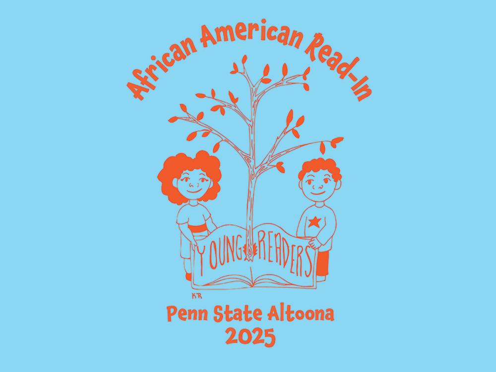 A graphic for Penn State Altoona's 2025 African American Read-in, depicting two young people holding open a book in front of a tree. The book includes the words Young Readers.