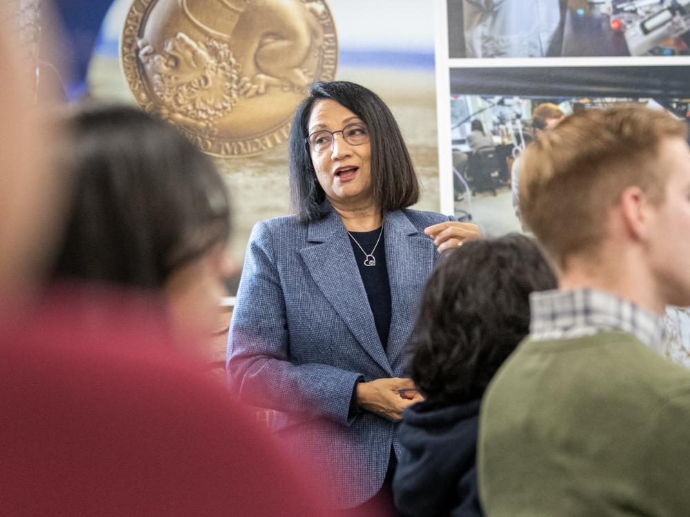 President Bendapudi in front of a class 