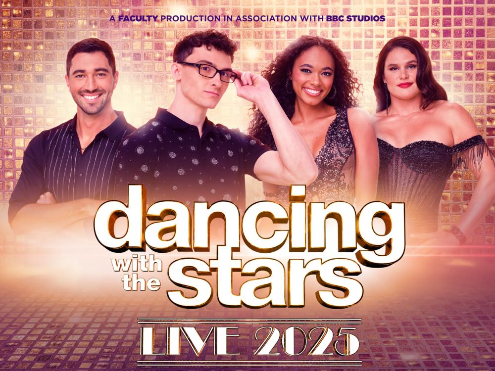 A graphic advertising "Dancing with the Stars Live 2025" with four dancers' pictures