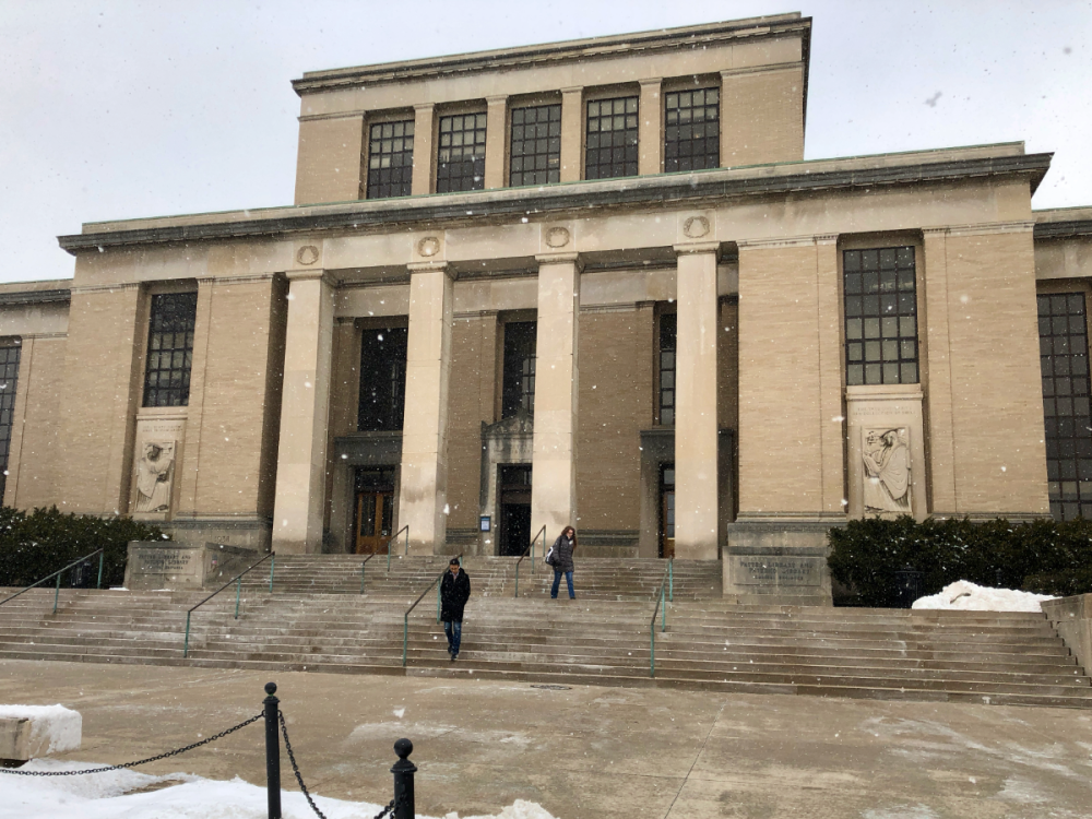 tall library entrance steps with snowfall and two people walking