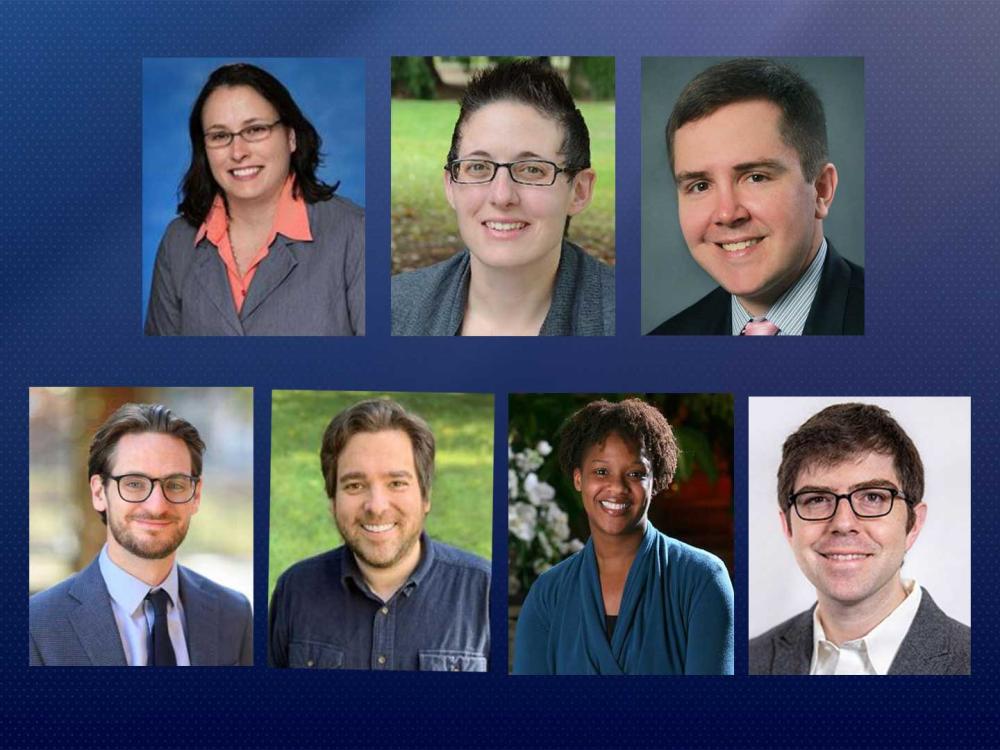 Collection of headshots featuring the seven presenters of the spring PRC seminar series