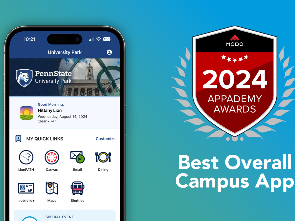 Image showing  cellphone with Penn State Go app displayed, and the 2024 Appademy Awards logo.