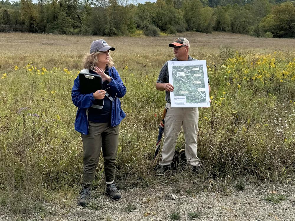 Two people stand in a field