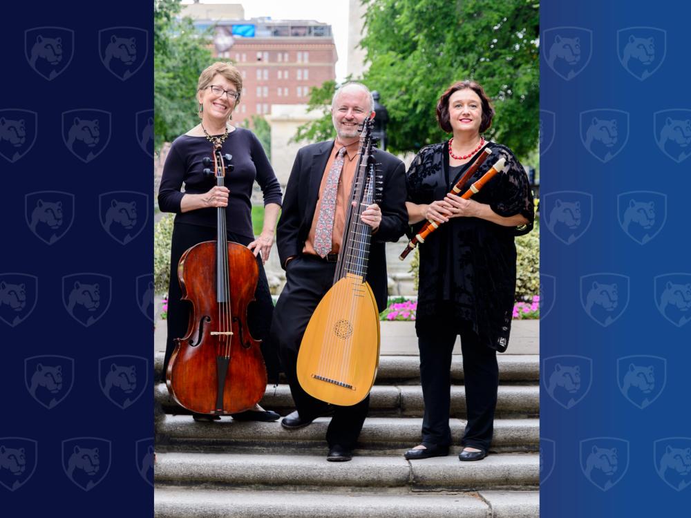 Woman, man, and a woman holding musical instruments