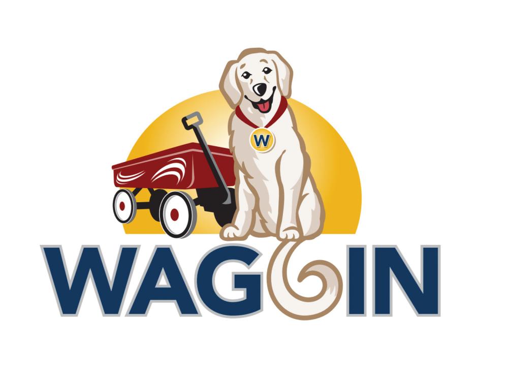 Graphic design of the Waggin logo, a Labrador retriever next to a wagon pale.