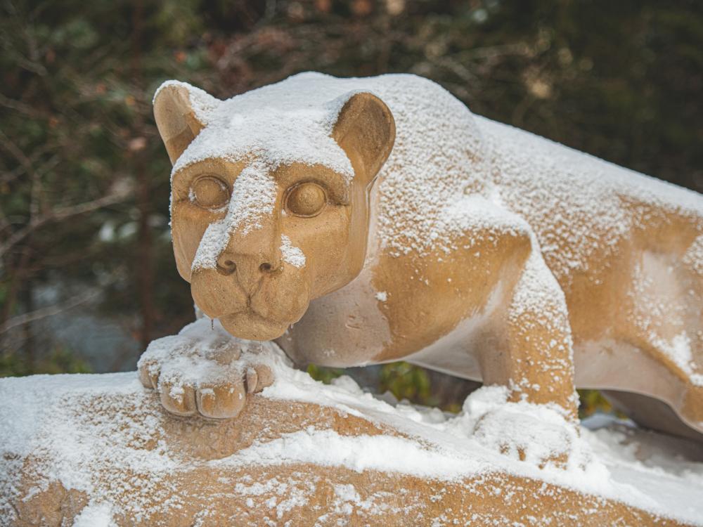 Nittany Lion Shrine covered in a dusting of snow