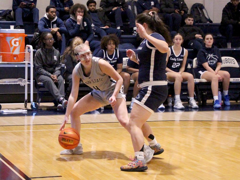 Penn State DuBois sophomore guard Hailey Theuret protects her dribble while looking inside the lane for a teammate during a recent basketball game at the PAW Center.