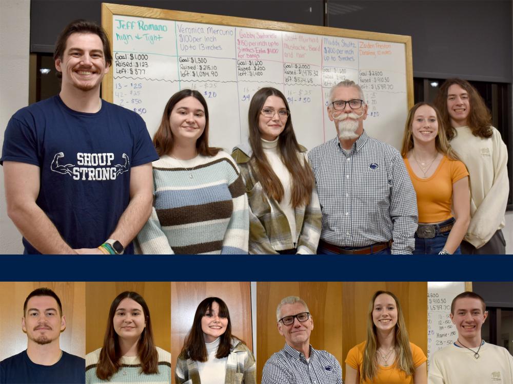 The before, top, and after, bottom, photos of the hair donors for the 2025 THON sendoff dinner and hair auction at Penn State DuBois.