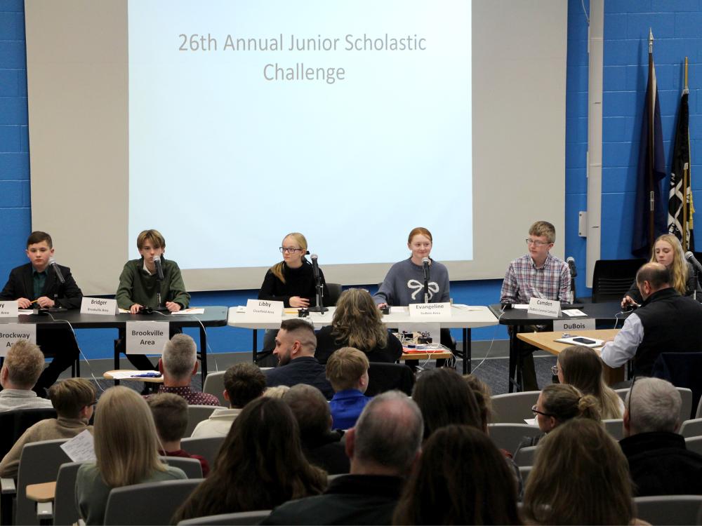 Participants prepare to answer questions during their preliminary round during the junior scholastic challenge in the Hiller Auditorium at Penn State DuBois.