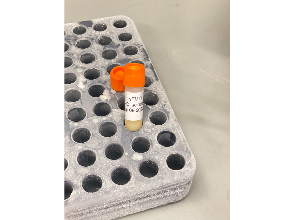 Vial with orange top in a vial rack