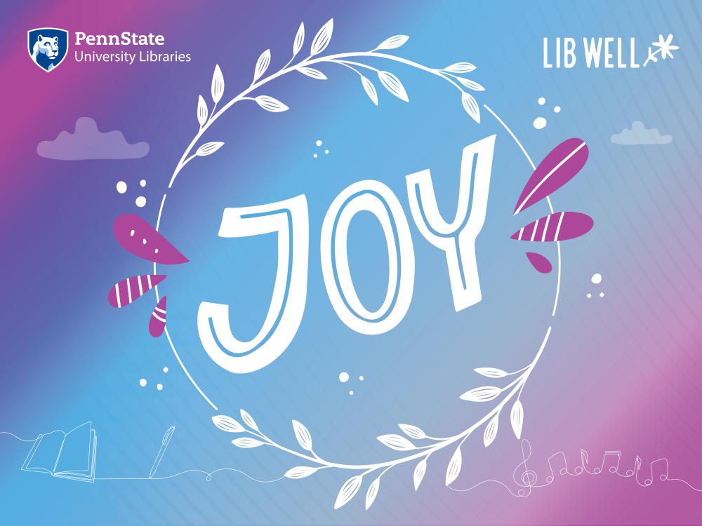 Joy graphic, pink blue purple background